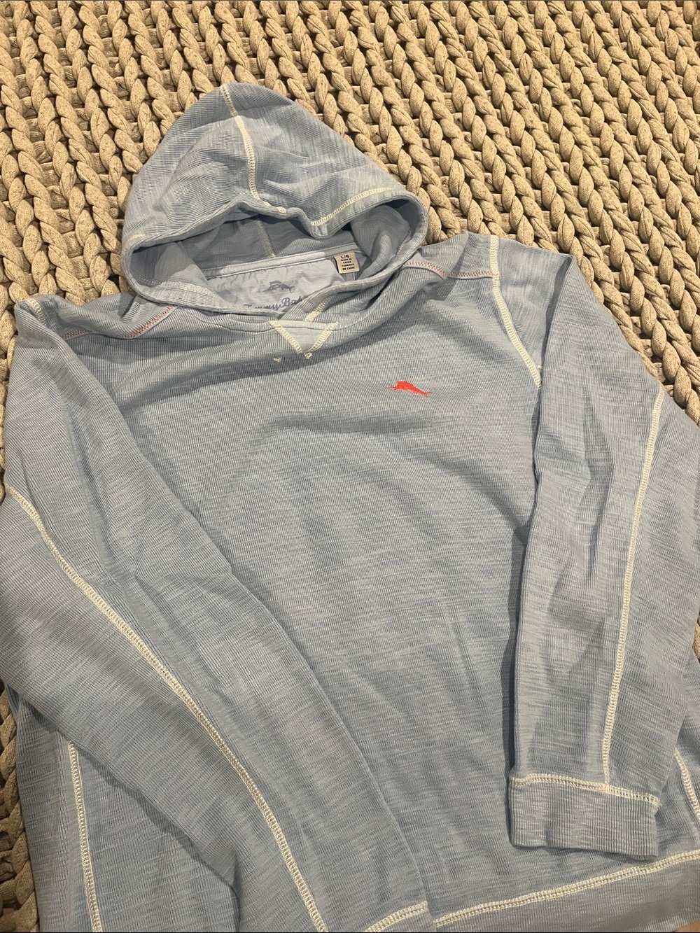 Tommy Bahama Light Blue Hooded Long-Sleeve Pullover with Coral Logo Accent